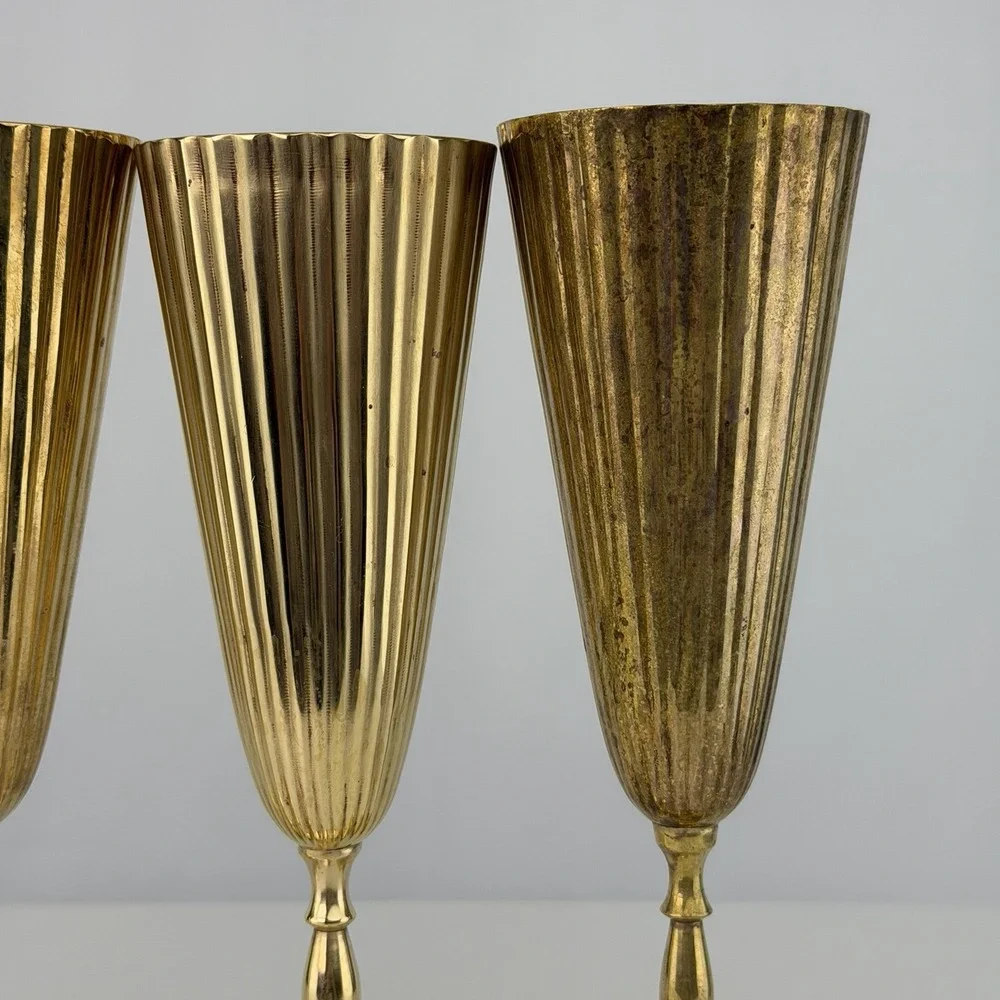 Vintage Brass Champagne Flutes Set of 4 Ribbed Fluted Goblets 9
